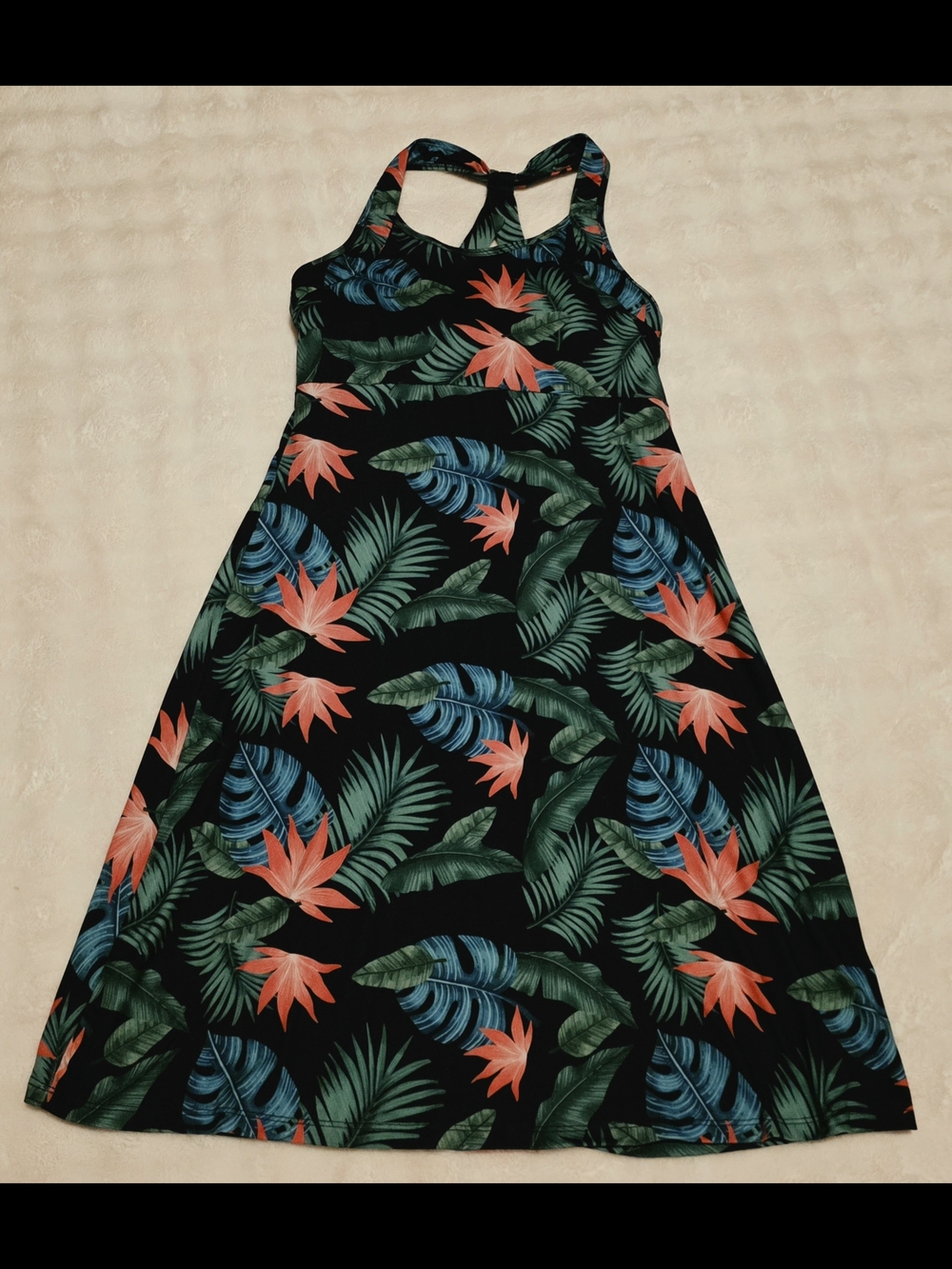 Kyodan Black Tropical Print Dress with Coral & Green Accents